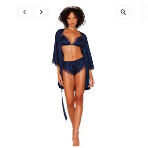 NWOT- Dreamgirl 3-piece satin robe, bralette, & panty set with eyelash lace trim